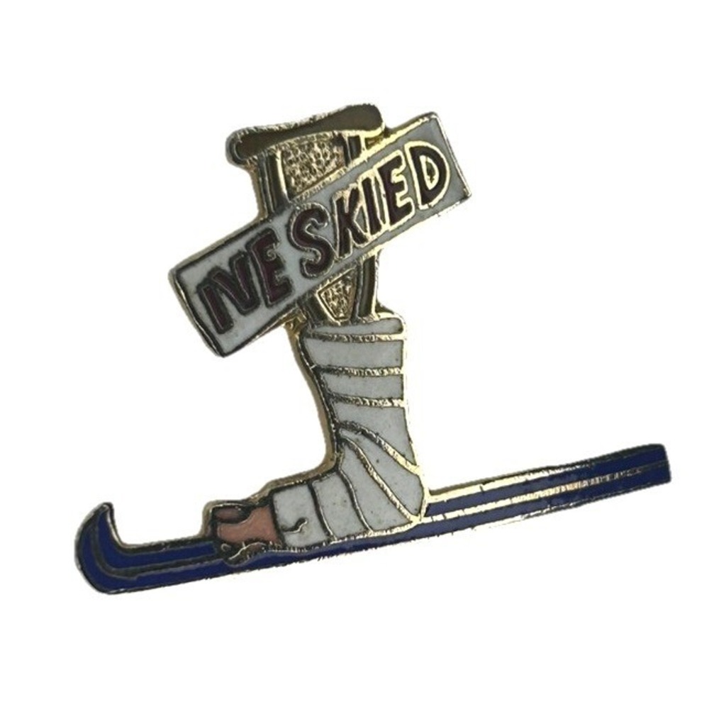 Vintage Enamel Lapel/Hat Pin - I've Skied! (AT Designs, RARE, Broken Leg/Crutch)